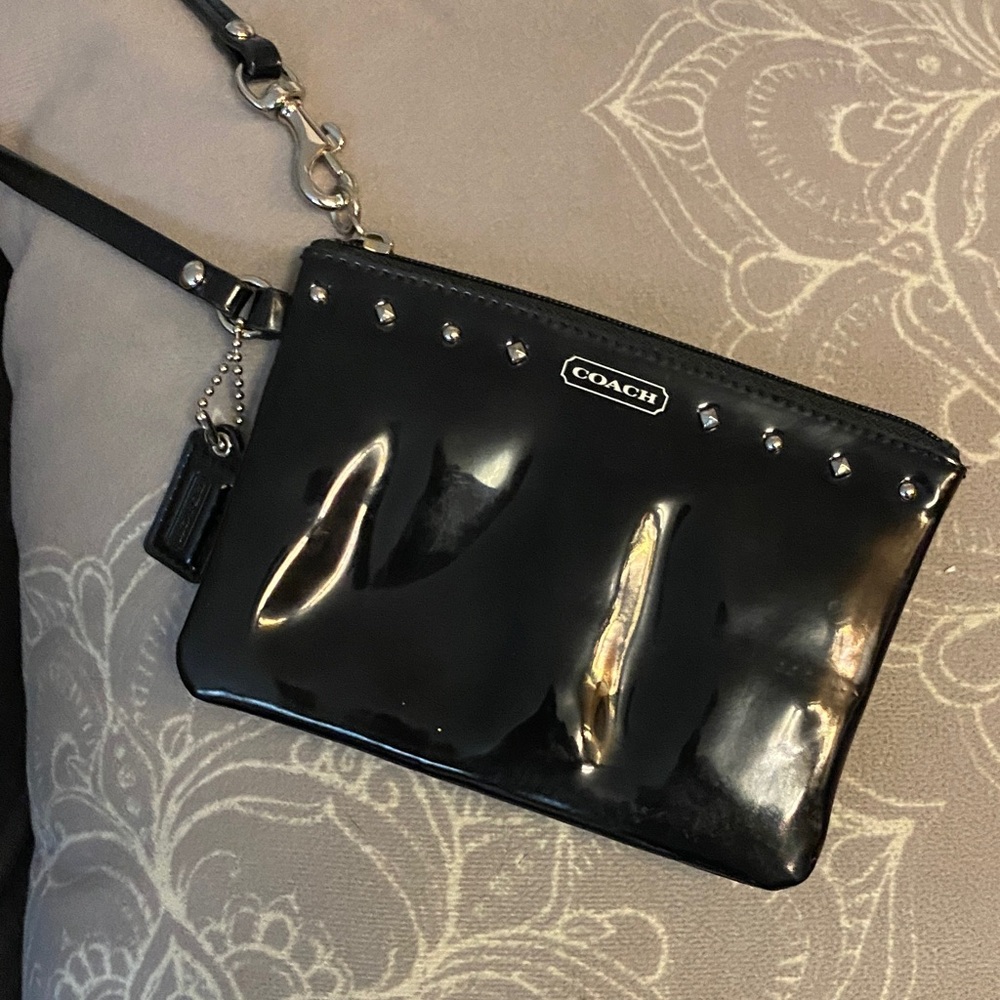 Coach Black Patent Leather Wristlet  with Silver studs